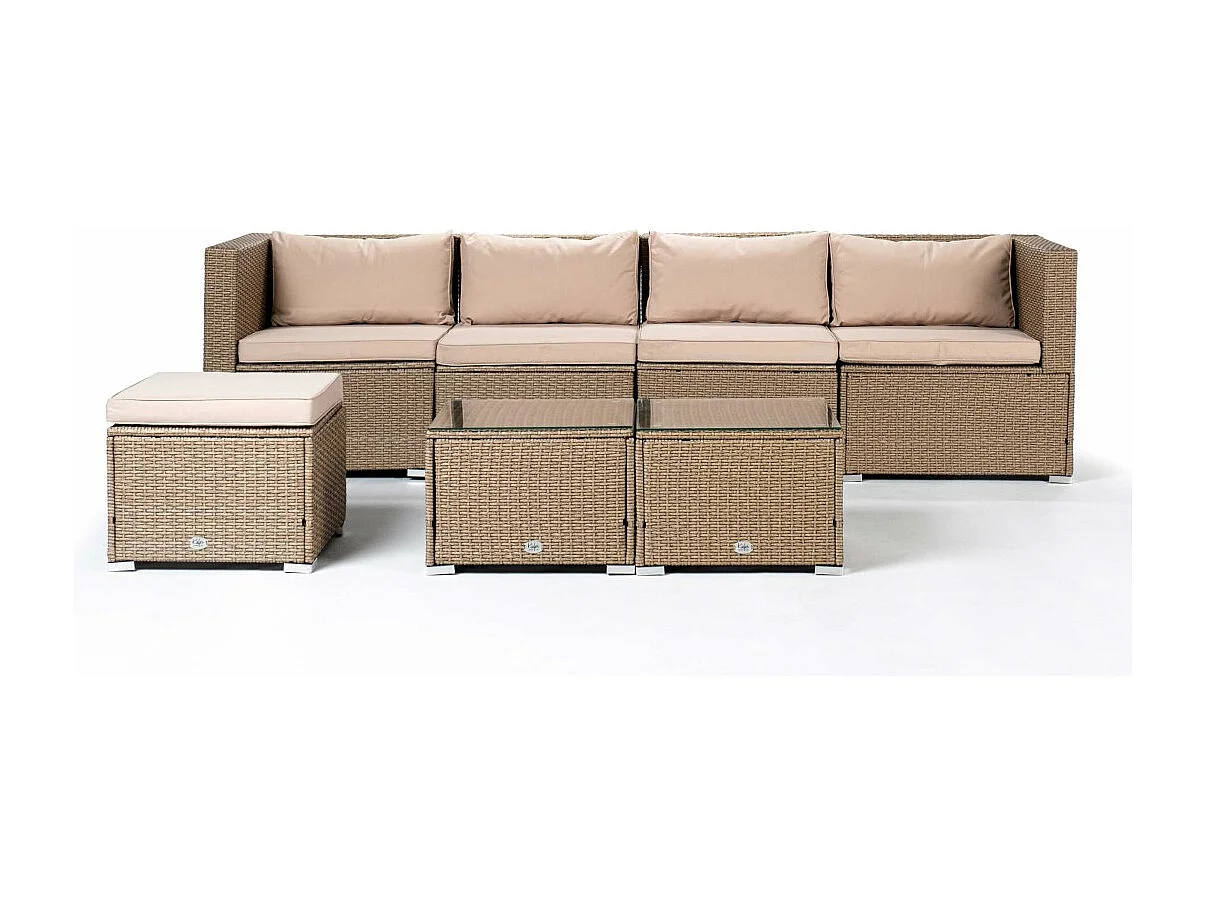 Conjunto Muebles de Jardín Muebles de Jardín Conjuntos Sofá Bahamas Conjunto Cuatro doble mesa 5 Plazas Ratán sintético Marrón Tostado KieferGarden