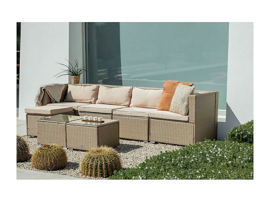 Conjunto Muebles de Jardín Muebles de Jardín Conjuntos Sofá Bahamas Conjunto Cuatro doble mesa 5 Plazas Ratán sintético Marrón Tostado KieferGarden