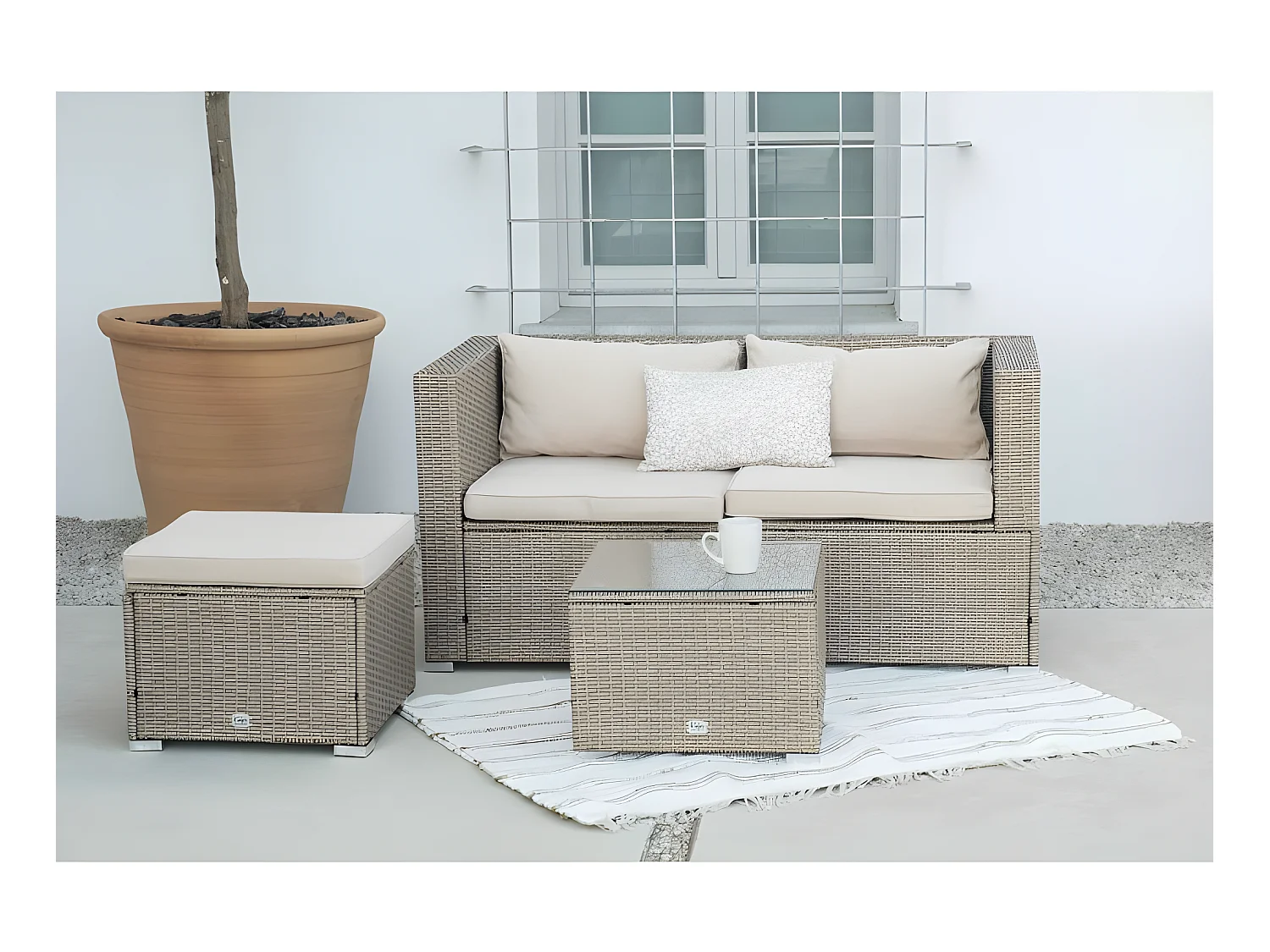 Salon de jardin Bahamas Double Set 3 Places Beige Rotin Synthétique Kiefergarden