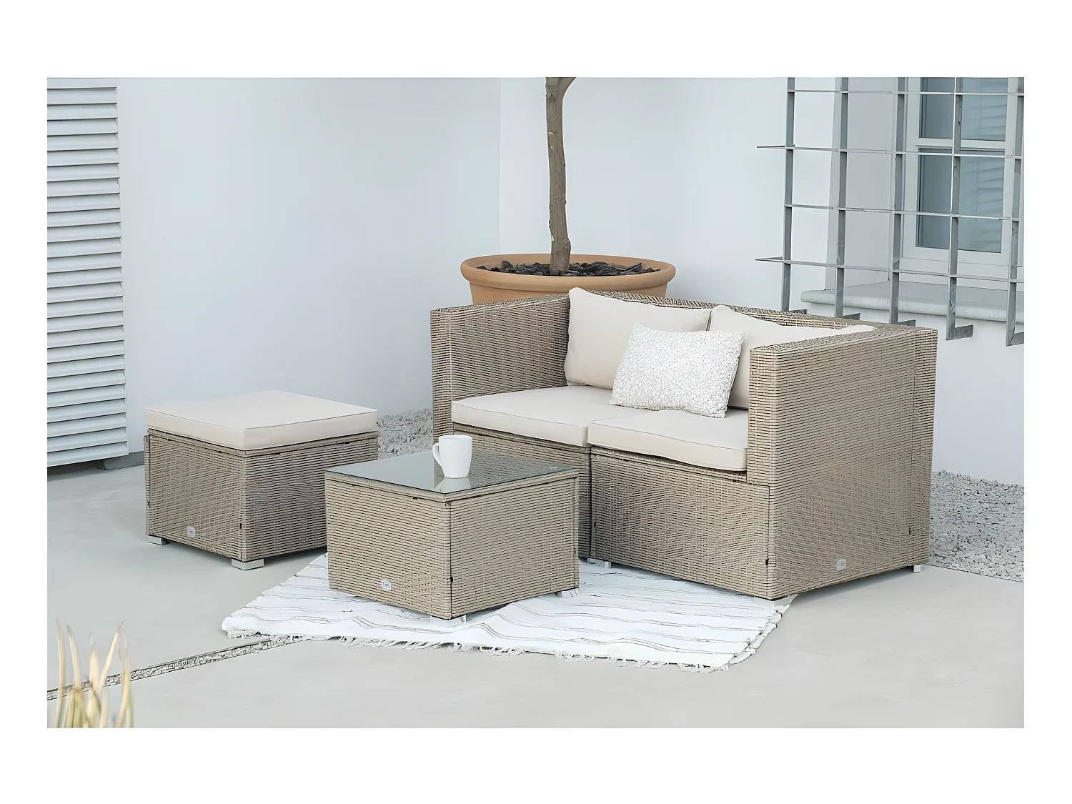 Salon de jardin Bahamas Double Set 3 Places Beige Rotin Synthétique Kiefergarden
