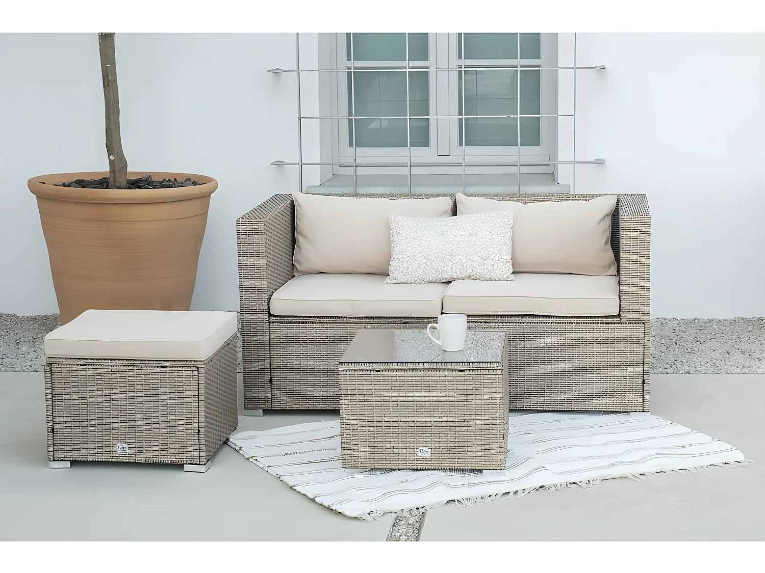 Salon de jardin Bahamas Double Set 3 Places Beige Rotin Synthétique Kiefergarden