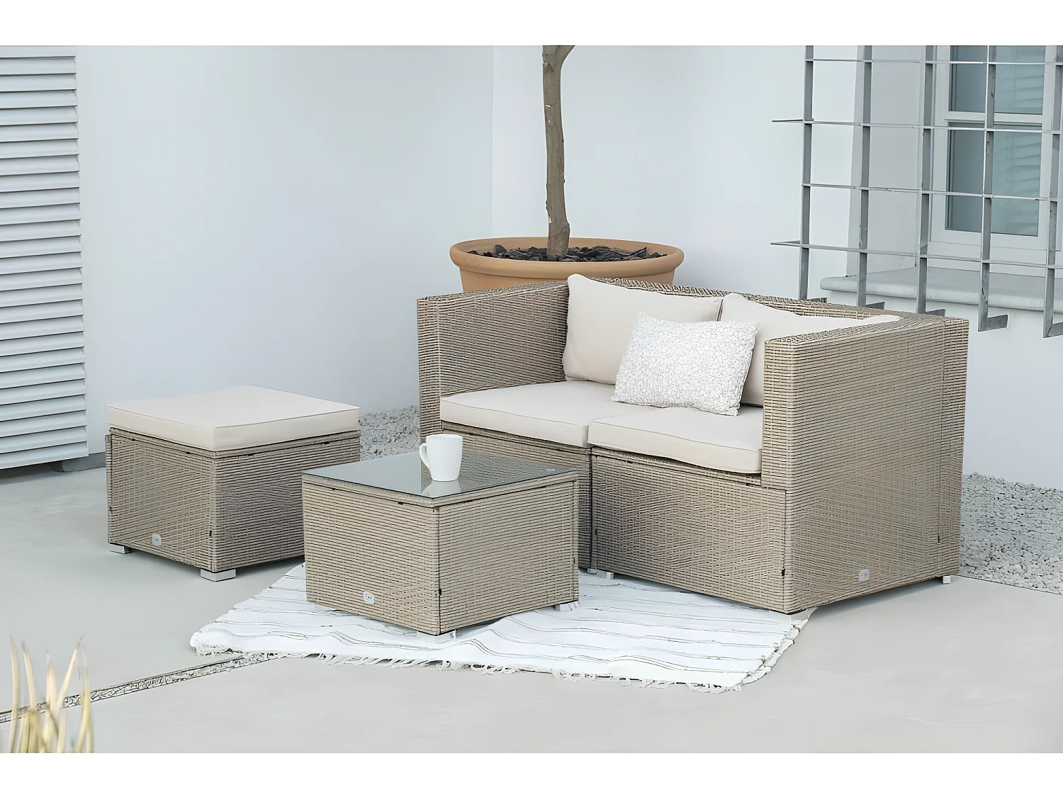 Salon de jardin Bahamas Double Set 3 Places Beige Rotin Synthétique Kiefergarden