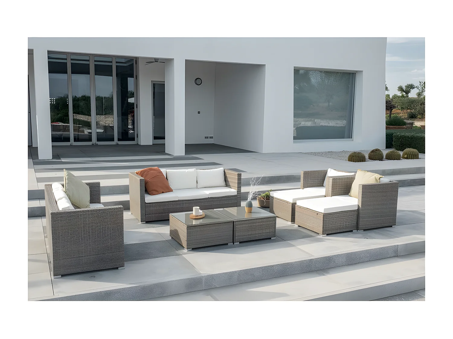 Salon de jardin Los Angeles Deluxe 10 places Beige Rotin synthétique Kiefergarden