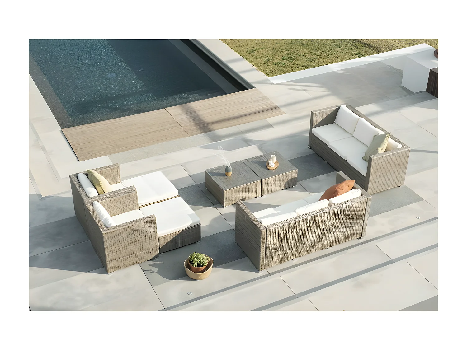 Salon de jardin Los Angeles Deluxe 10 places Beige Rotin synthétique Kiefergarden
