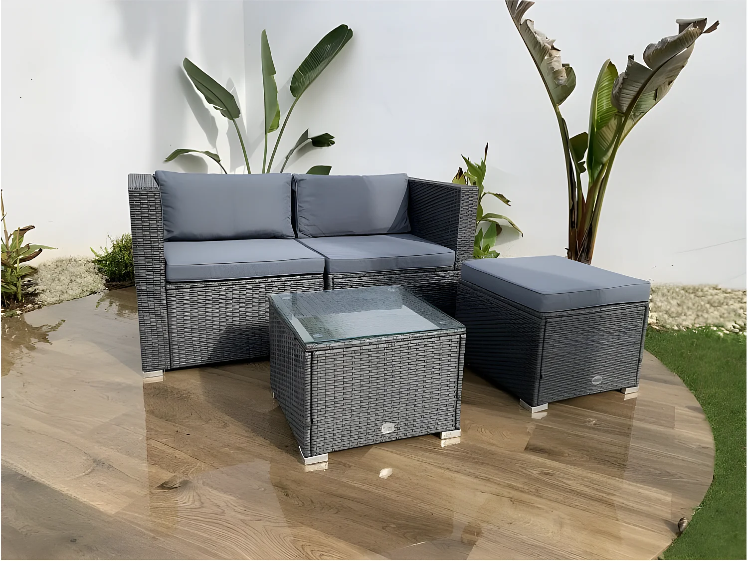 Salon de jardin Bahamas Double Set 3 Places Gris Rotin Synthétique Kiefergarden