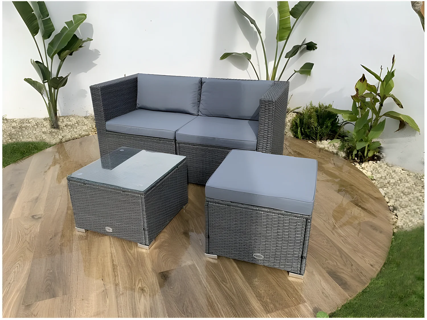 Salon de jardin Bahamas Double Set 3 Places Gris Rotin Synthétique Kiefergarden