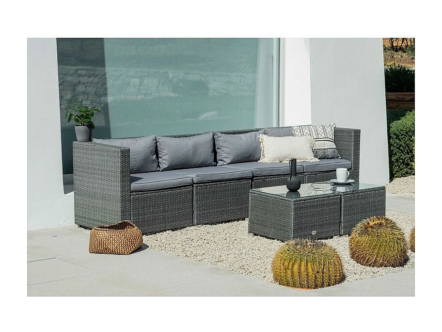 Salon de jardin Bahamas Canapé Quadruple avec table double 4 Places Gris Rotin Synthétique Kiefergarden