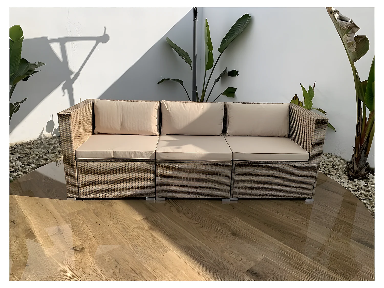 Salon de jardin Bahamas Canapé Triple 3 Places Beige Rotin Synthétique Kiefergarden