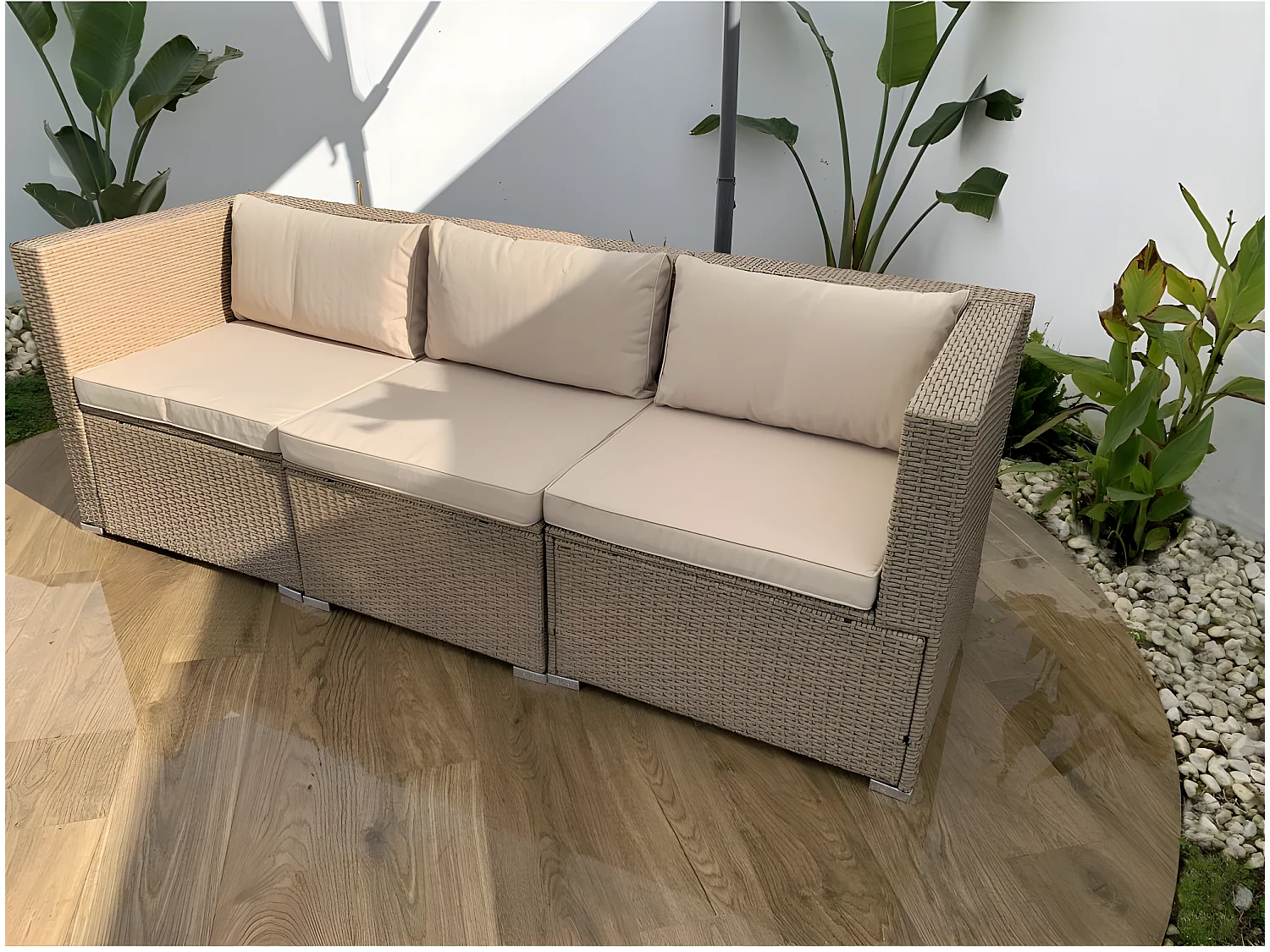 Salon de jardin Bahamas Canapé Triple 3 Places Beige Rotin Synthétique Kiefergarden