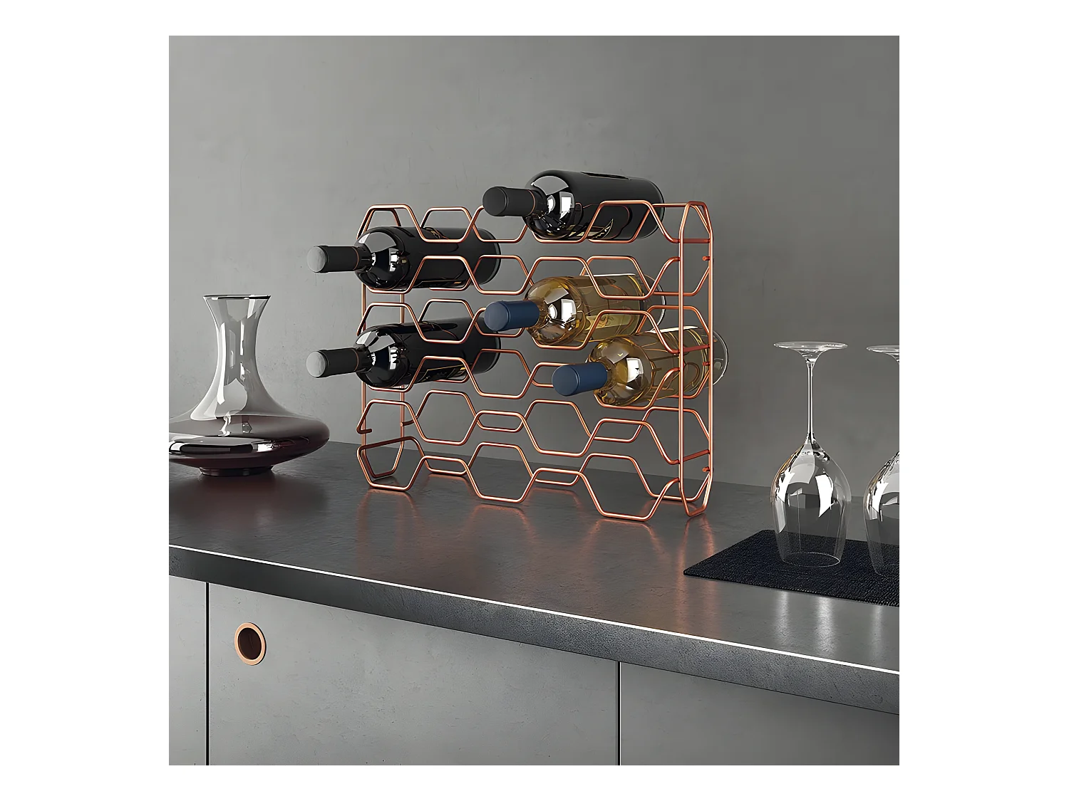 Portabottiglie HEXAGON 15 Scomparti Serie COPPER Metaltex Rame Lucido 15 Bottiglie