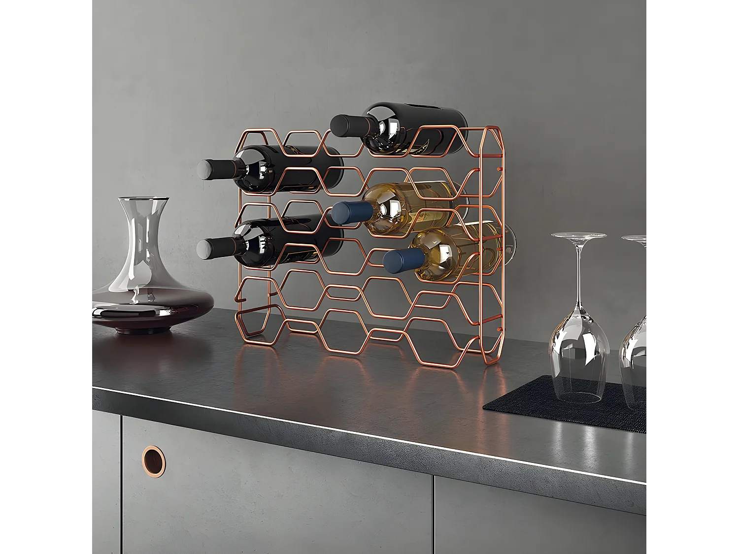 Portabottiglie HEXAGON 15 Scomparti Serie COPPER Metaltex Rame Lucido 15 Bottiglie