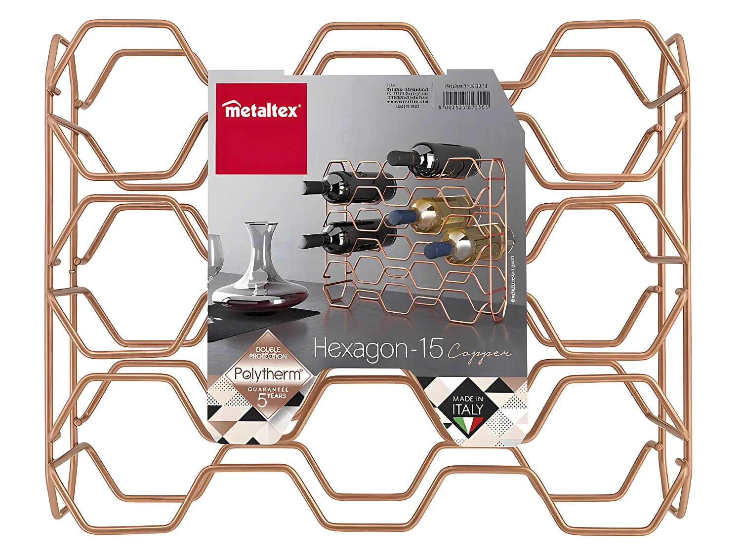 Portabottiglie HEXAGON 15 Scomparti Serie COPPER Metaltex Rame Lucido 15 Bottiglie