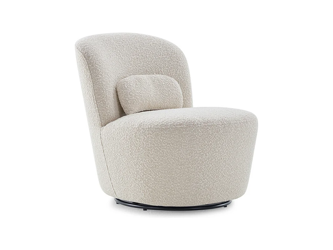Fauteuil rond pivotant en tissu bouclette écru et un coussin - DAMIEN