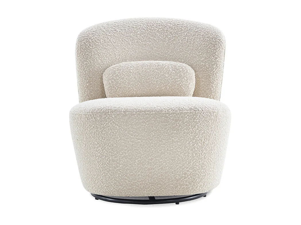 Fauteuil rond pivotant en tissu bouclette écru et un coussin - DAMIEN