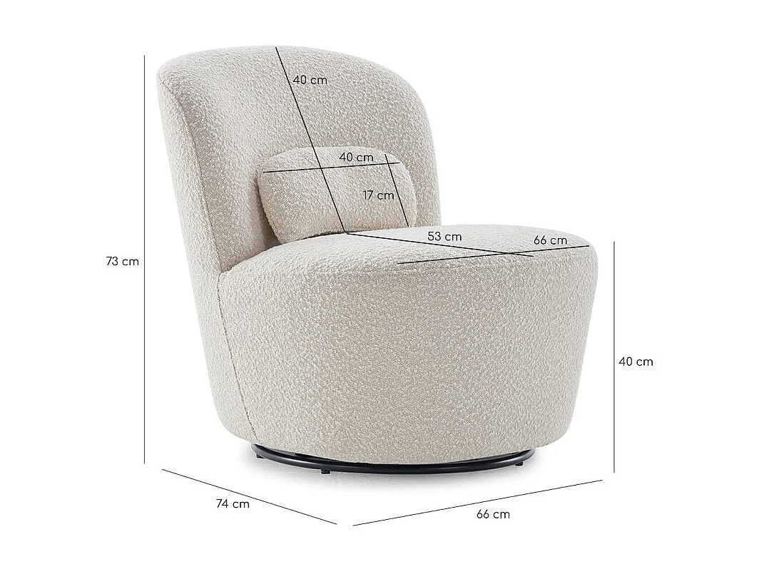 Fauteuil rond pivotant en tissu bouclette écru et un coussin - DAMIEN