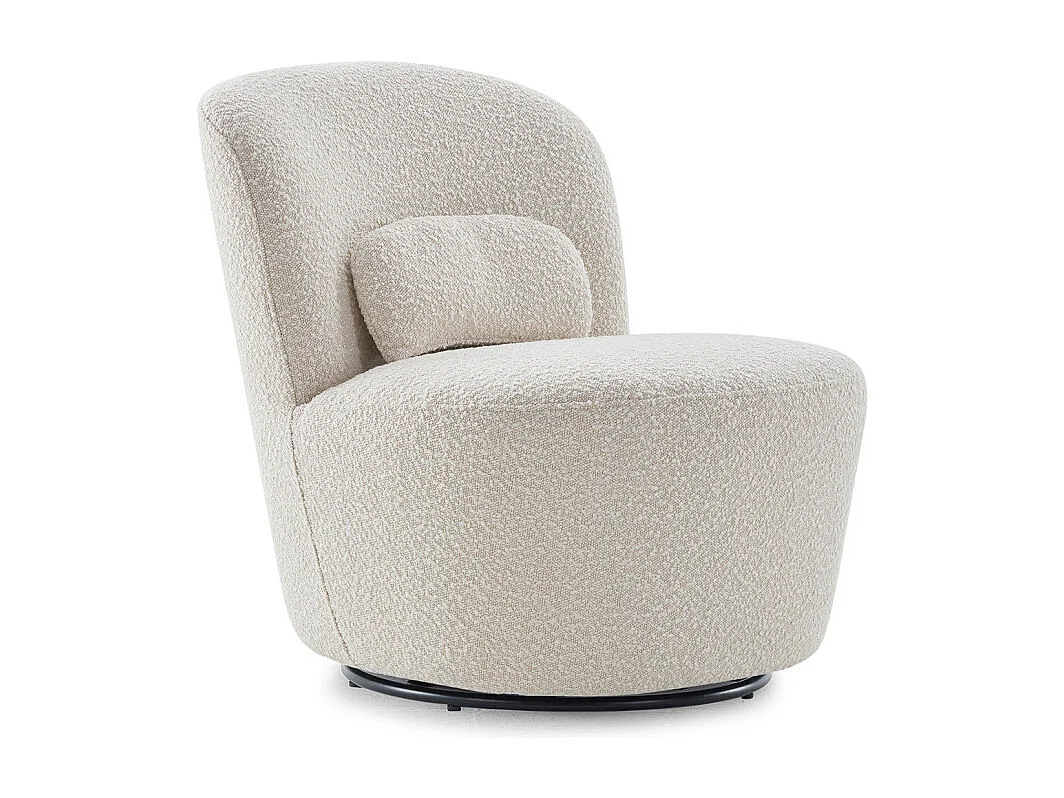 Fauteuil rond pivotant en tissu bouclette écru et un coussin - DAMIEN