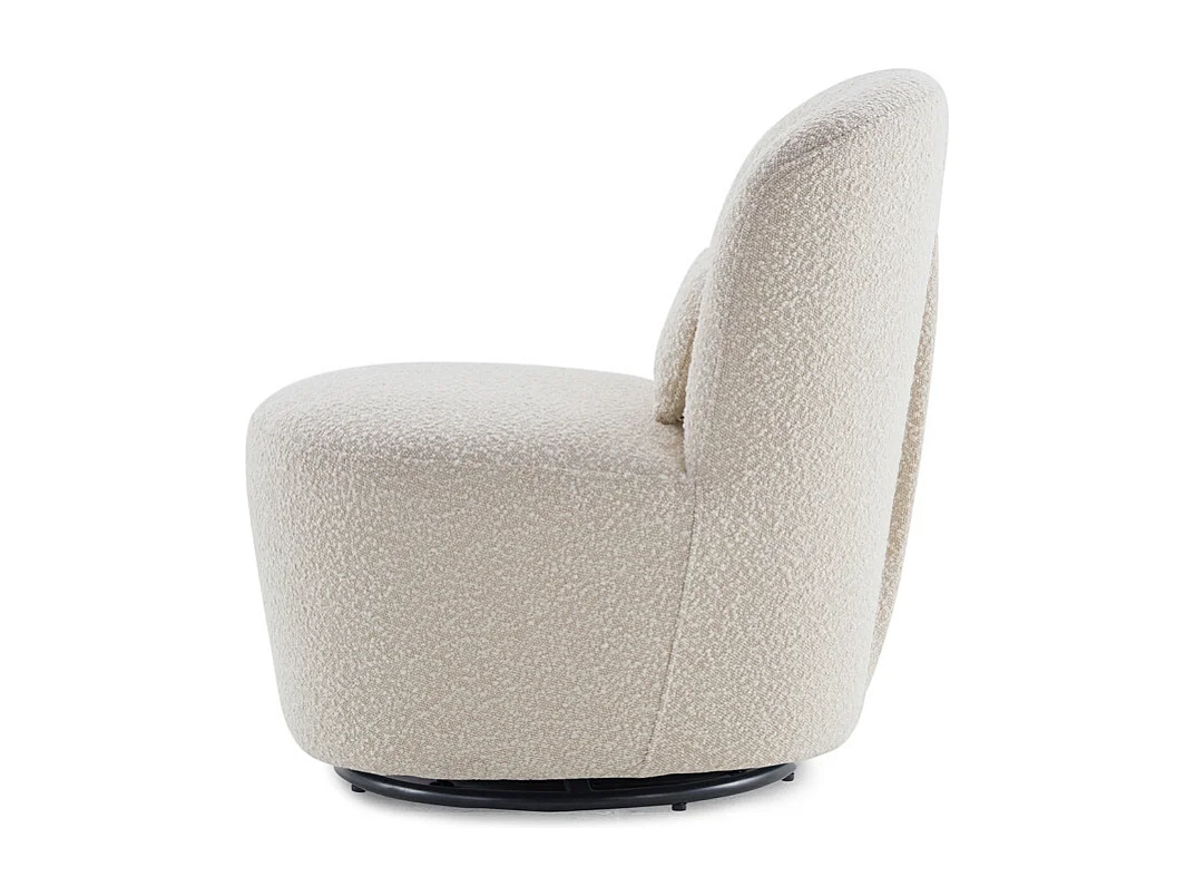 Fauteuil rond pivotant en tissu bouclette écru et un coussin - DAMIEN