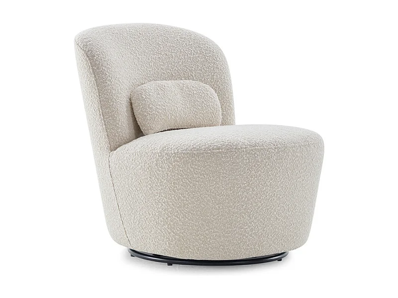 Fauteuil rond pivotant en tissu bouclette écru et un coussin - DAMIEN