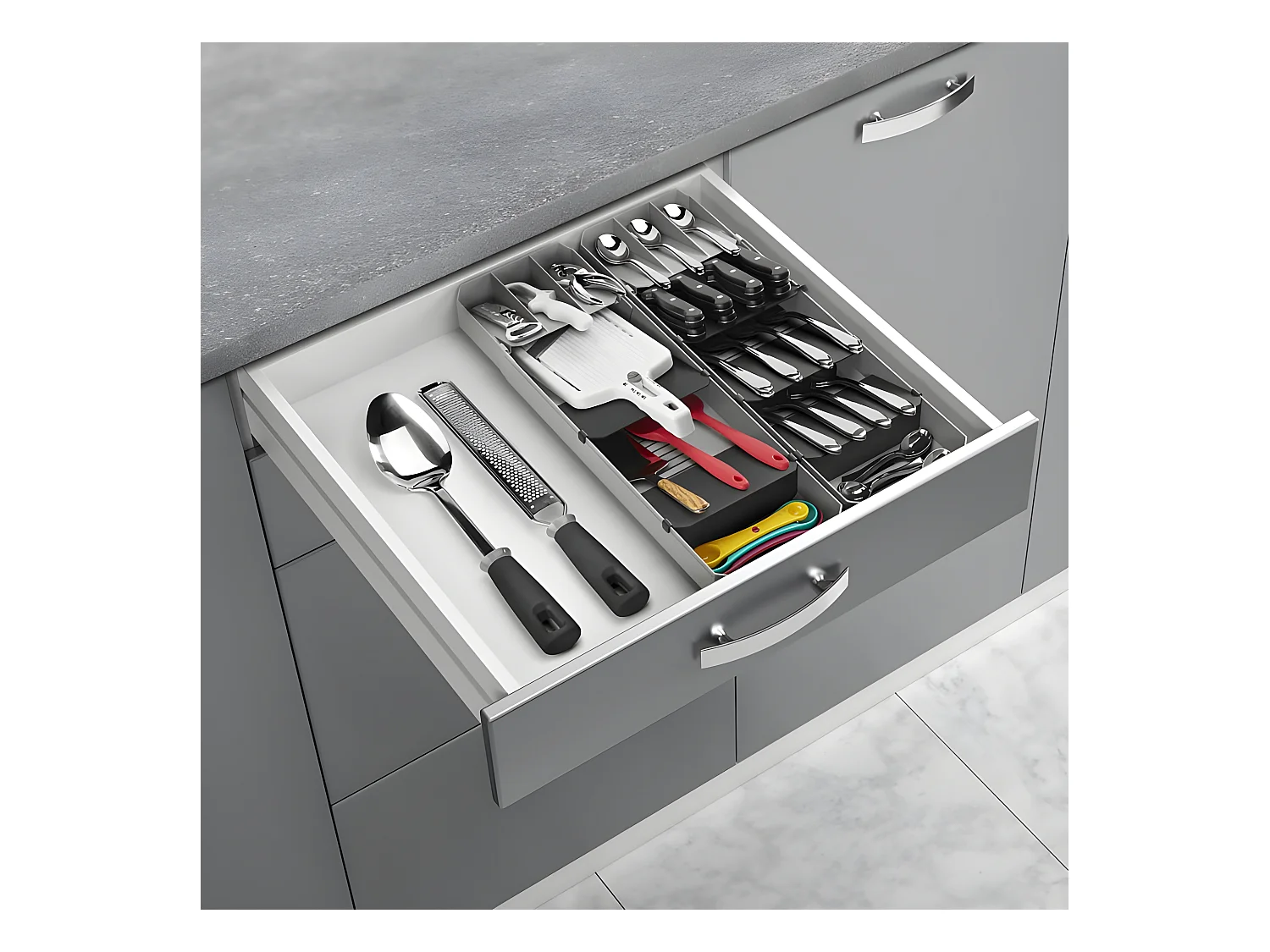 Organizador de Talheres Ajustável UNI FIT Metaltex Cinza Plástico ABS + PP 90 peças 40/49x6x15 cm