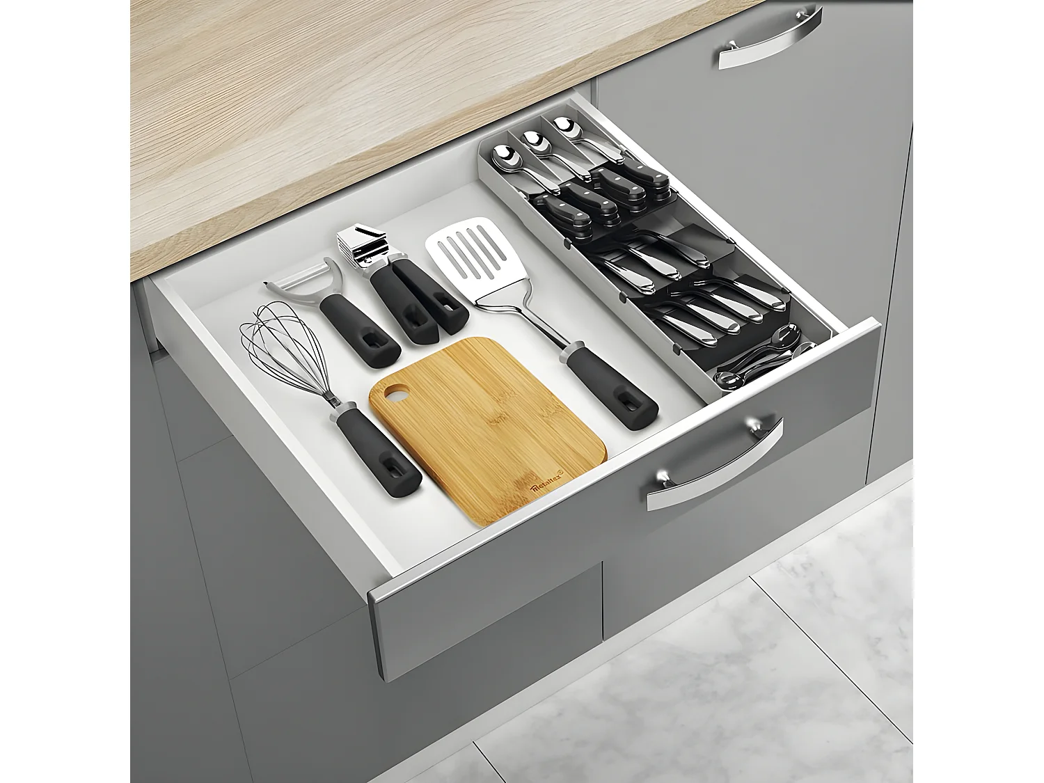 Organizador de Cubiertos Ajustable UNI FIT Metaltex Gris Plástico ABS + PP 90 piezas 40/49x6x15 cm