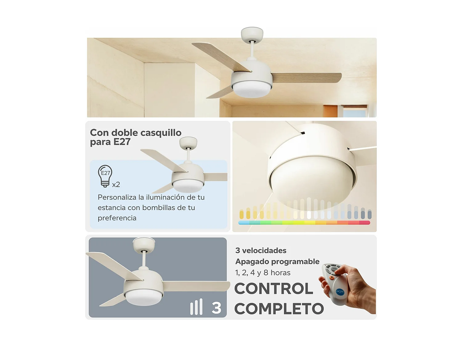 LEDS C4 Ventilateur du Plafond Ip20 Klar E27 15W Blanc Ancien Bois