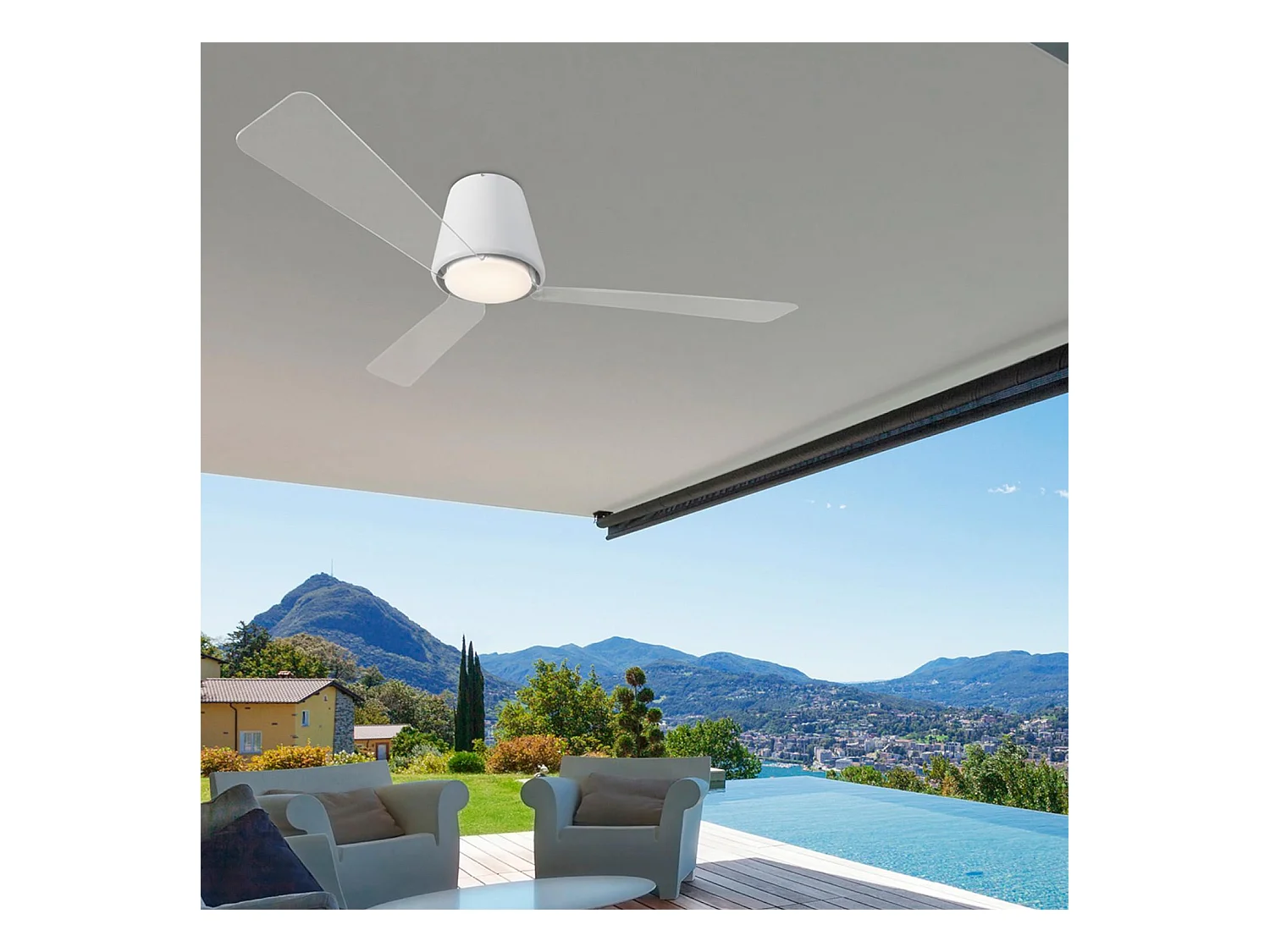 LEDS C4 Ventilateur du Plafond Ip44 Garbí Led 12.8W Blanc Chaud - 3000K On-Off Blanc Transparent