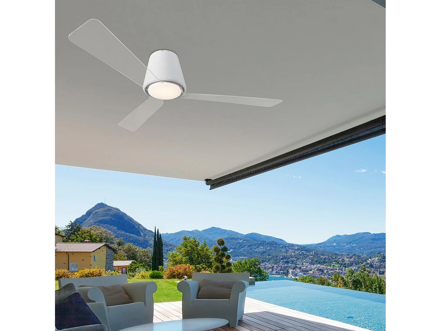 LEDS C4 Ventilateur du Plafond Ip44 Garbí Led 12.8W Blanc Chaud - 3000K On-Off Blanc Transparent