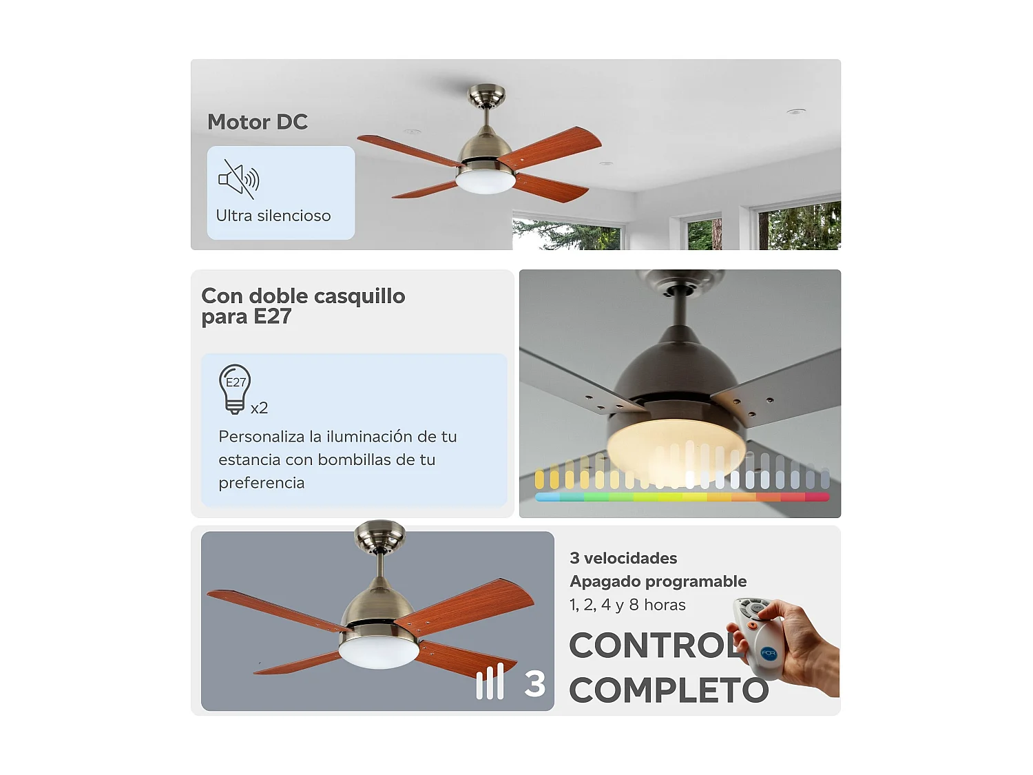 FORLIGHT Ventilateur du Plafond Borneo E27 15W Patiné Teck