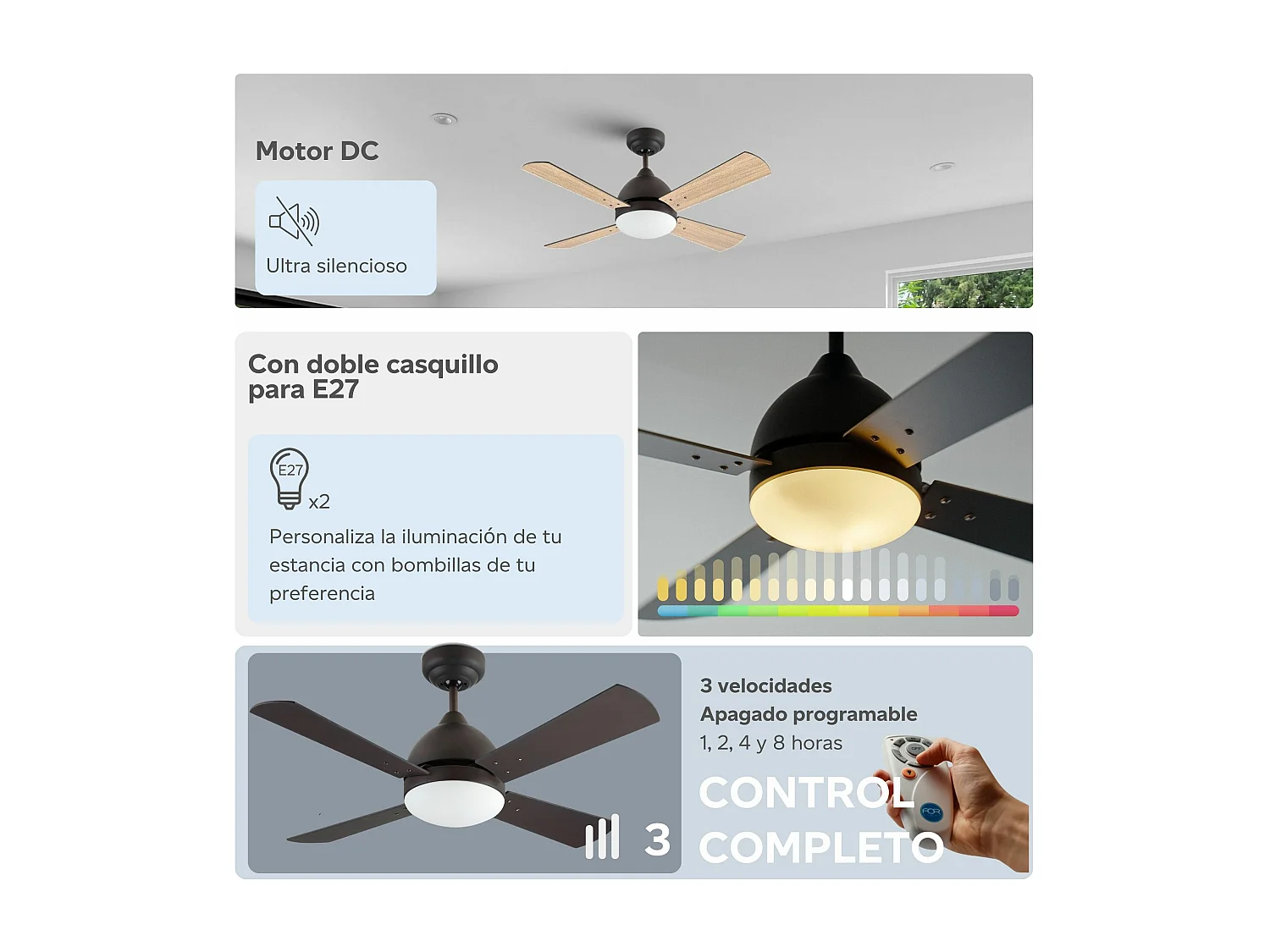 FORLIGHT Ventilateur du Plafond Borneo E27 15W Marron Wengé Bois De Hêtre