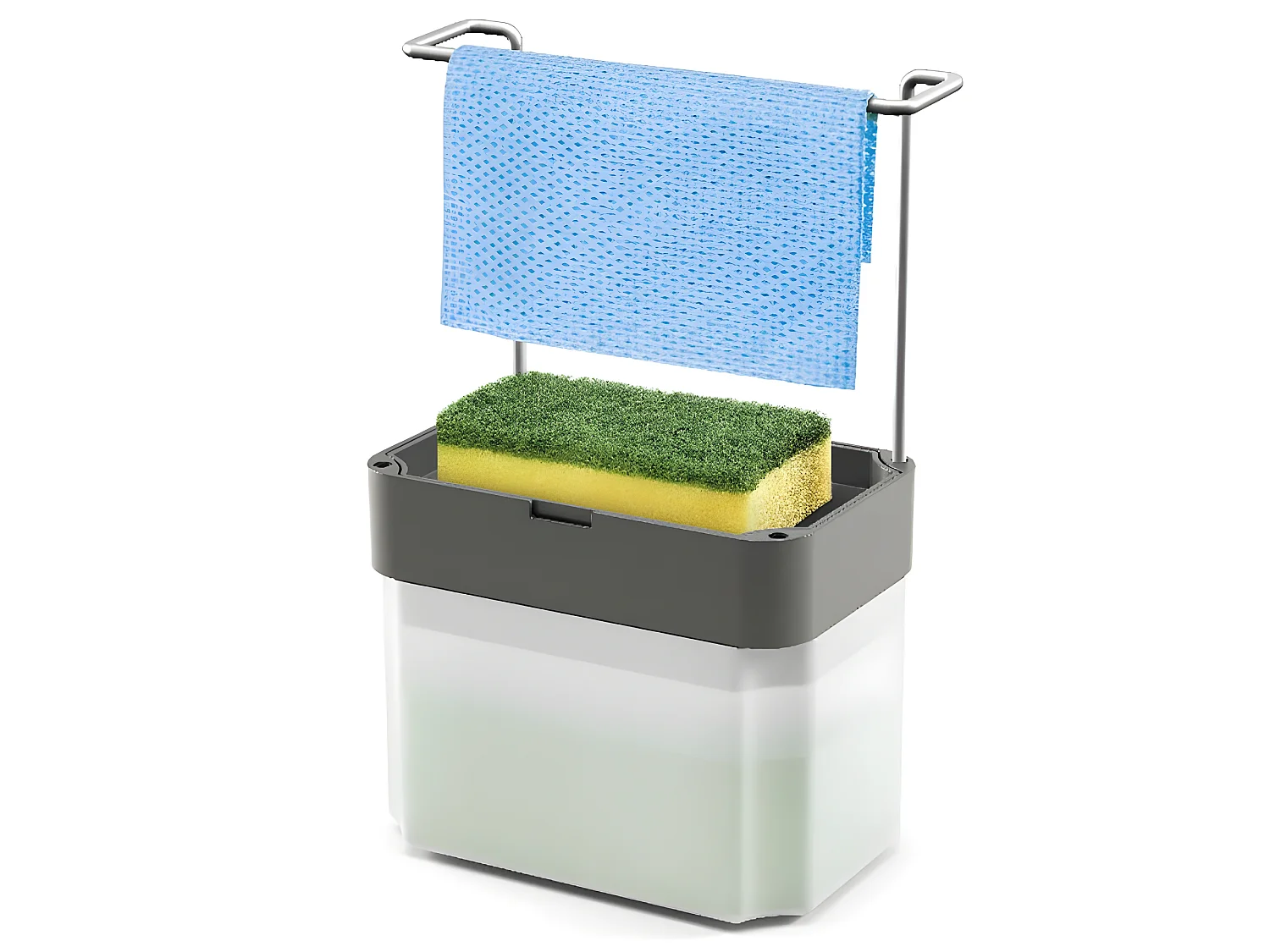 Dispensador de Jabón SPONGETEX Metaltex en Acero Gris con Porta-Esponja Ajustable y Depósito Translúcido