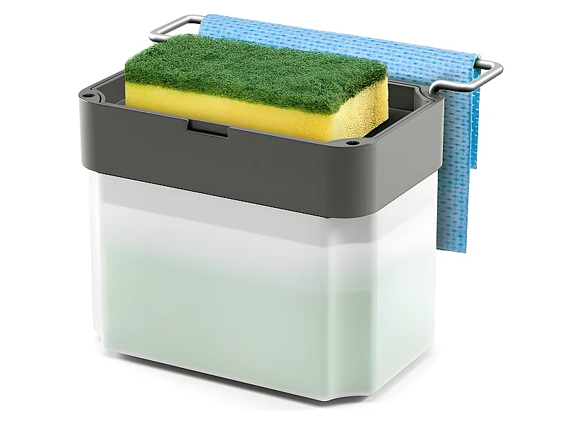 Dispensador de Jabón SPONGETEX Metaltex en Acero Gris con Porta-Esponja Ajustable y Depósito Translúcido