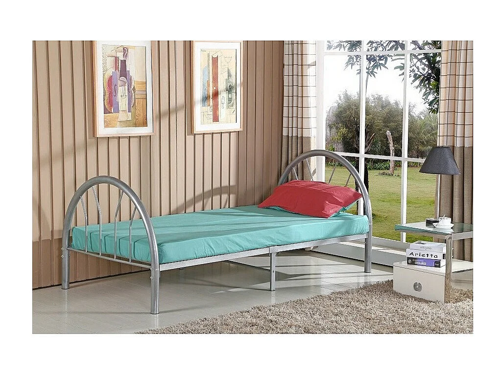 Letto con doghe CAMILLE 90x200 in metallo, colore argento - 210 x 88 x 95 cm