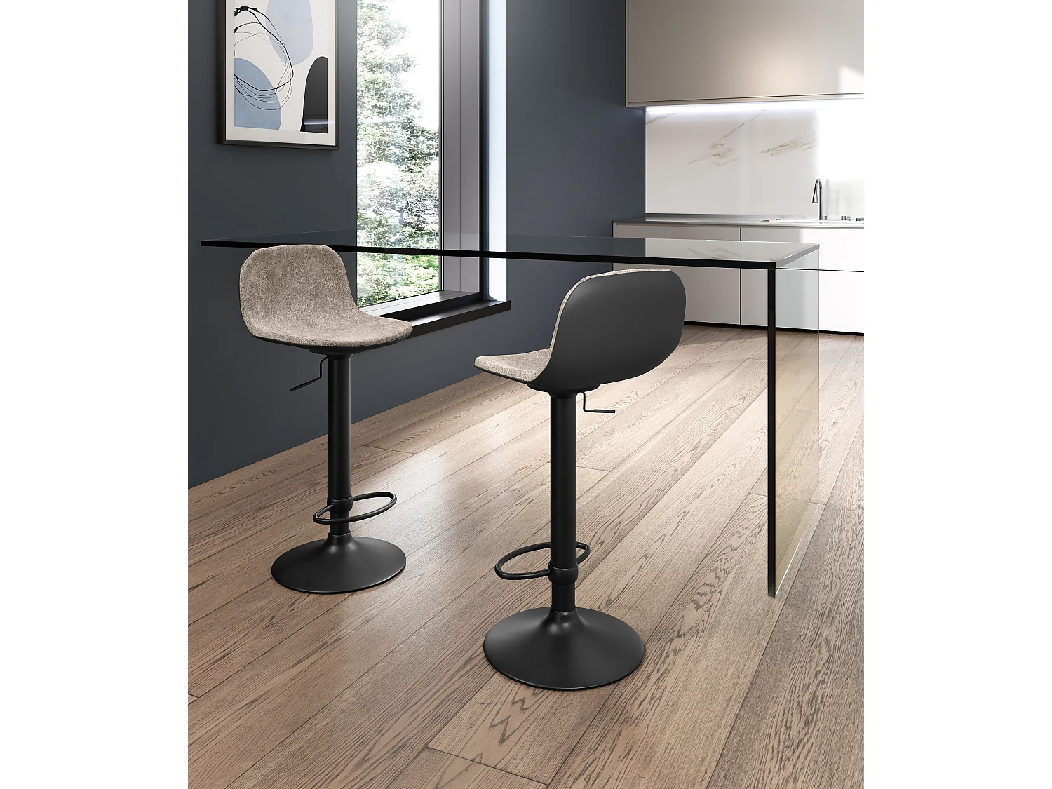 Teo - Kruk in zwarte microvezel - Set van 2 stuks