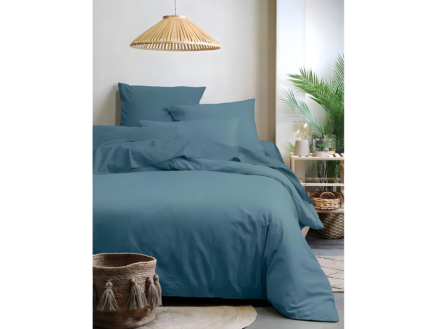 Une Taie d'oreiller Couleur Bleu en coton Bio