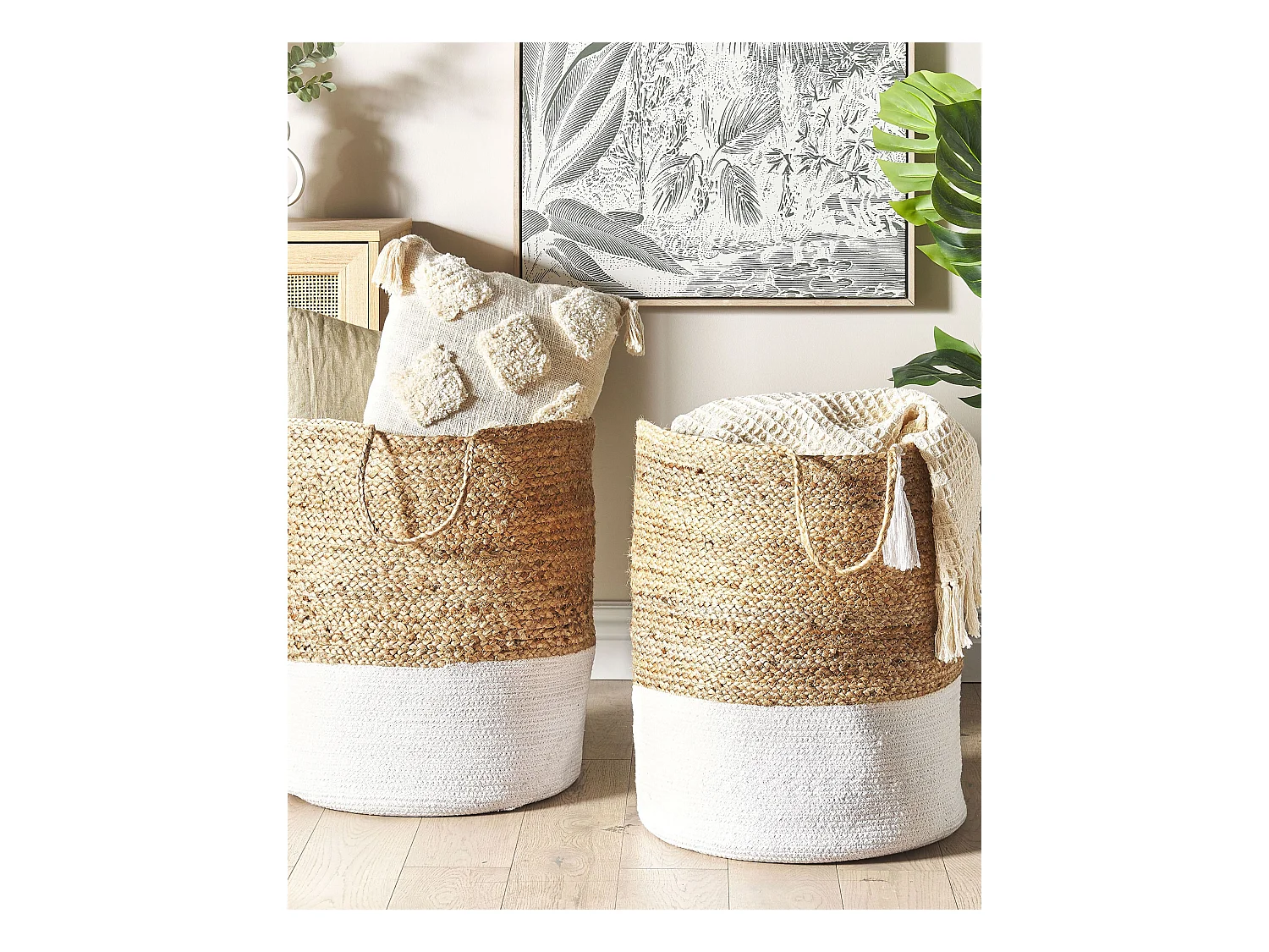 Aufbewahrungskörbe aus geflochtener Jute Baumwolle Set Weiß und Beige Gajar