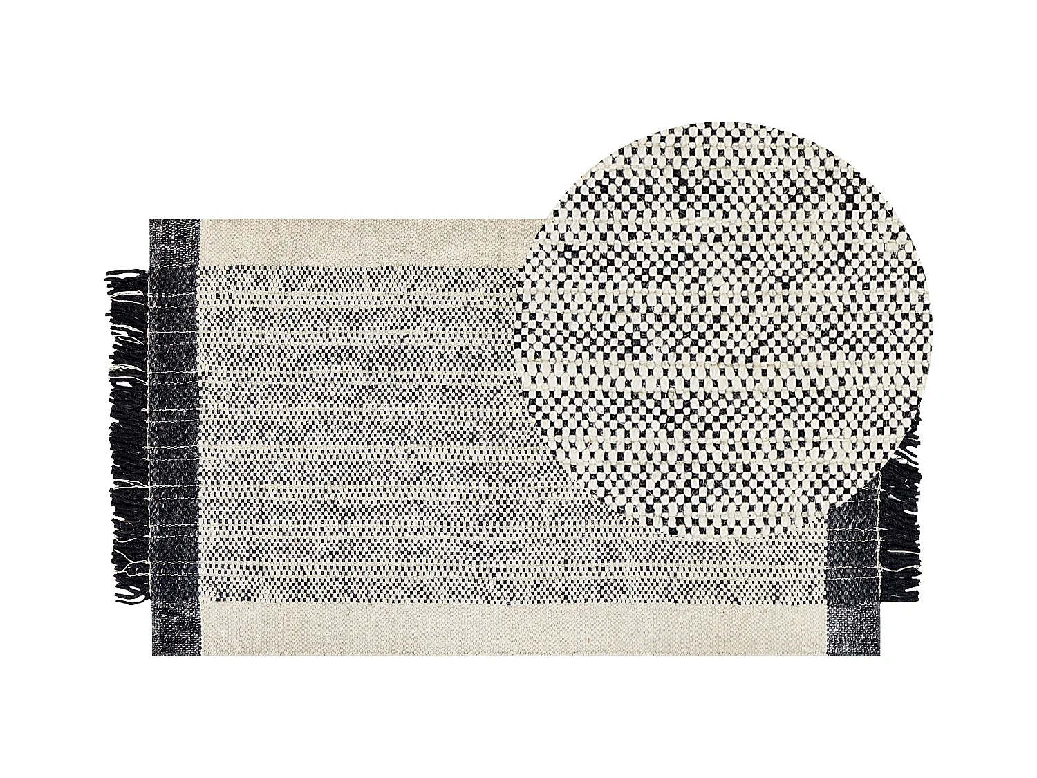 Teppich Wolle / Baumwolle weiß 80 x 150 cm Fransen schwarz handgewebt Ketenli