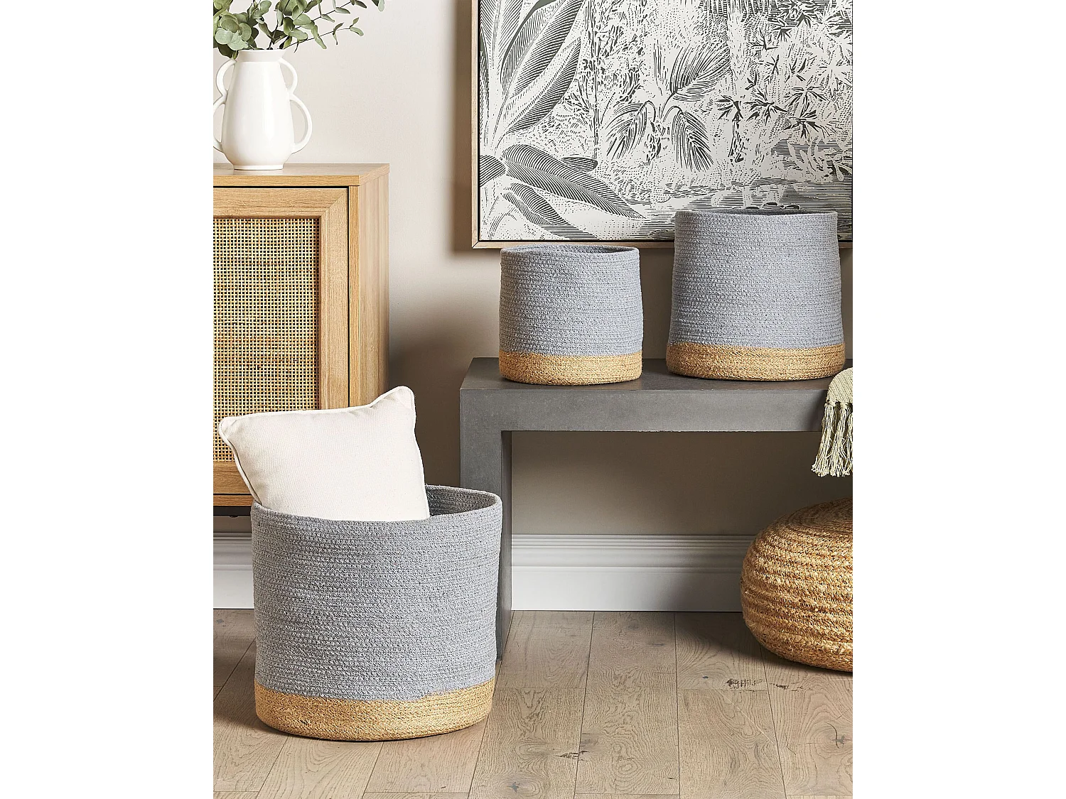 Aufbewahrungskorb 3er Set Baumwolle Jute Behälter Grau und Beige Basima