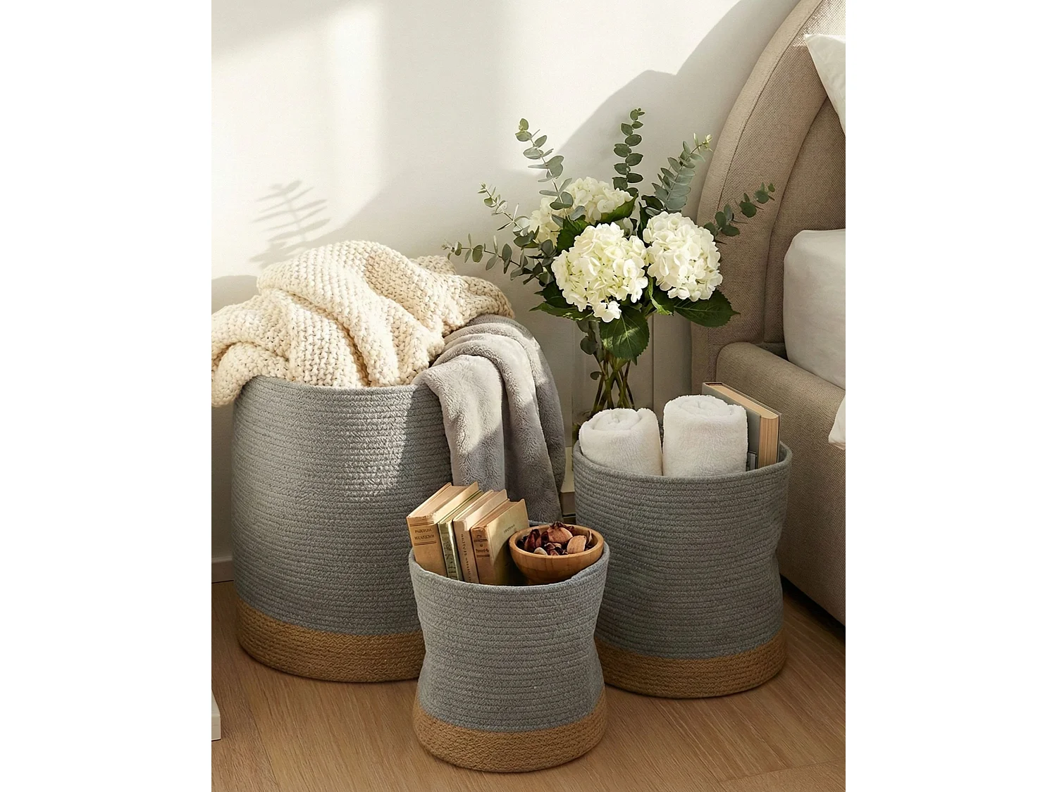 Lot de 3 paniers BASIMA Coton Gris