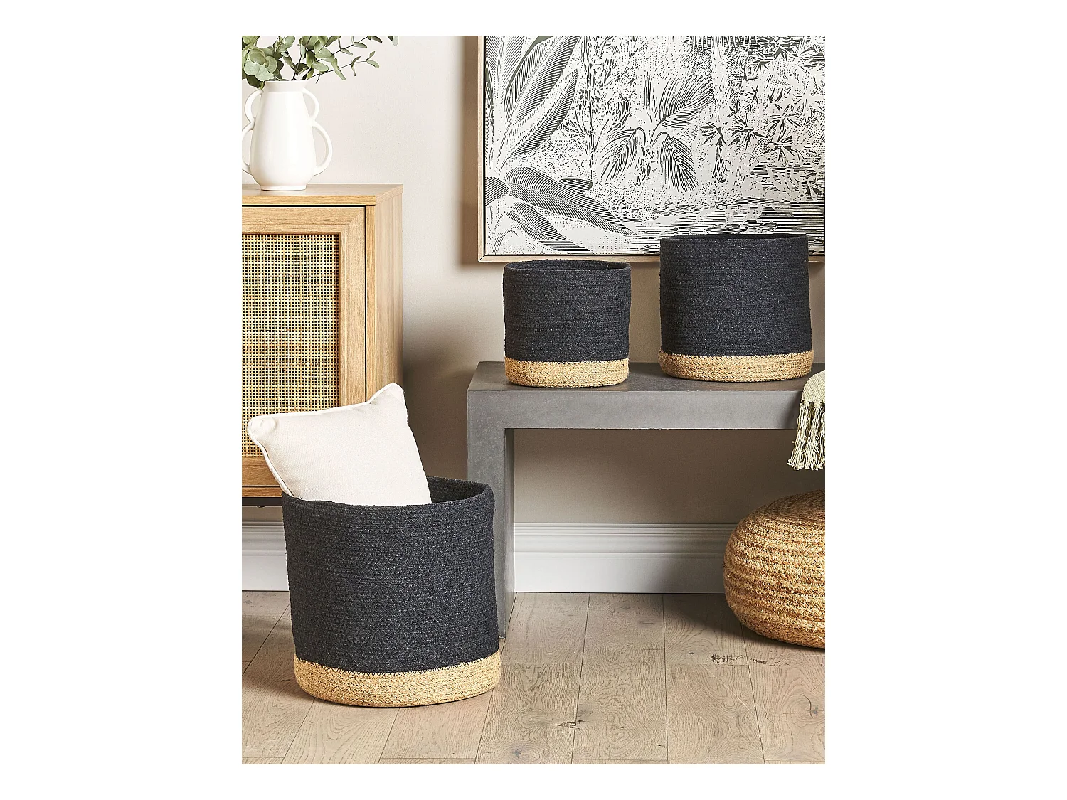 Aufbewahrungskorb 3er Set Baumwolle Jute Behälter Schwarz und Beige Basima