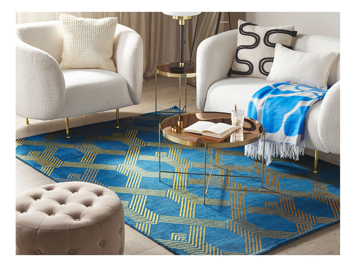 Teppich marineblau/gold 160 x 230 cm geometrisches Muster Kurzflor VEKSE