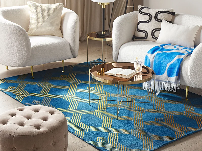 Teppich marineblau/gold 160 x 230 cm geometrisches Muster Kurzflor VEKSE