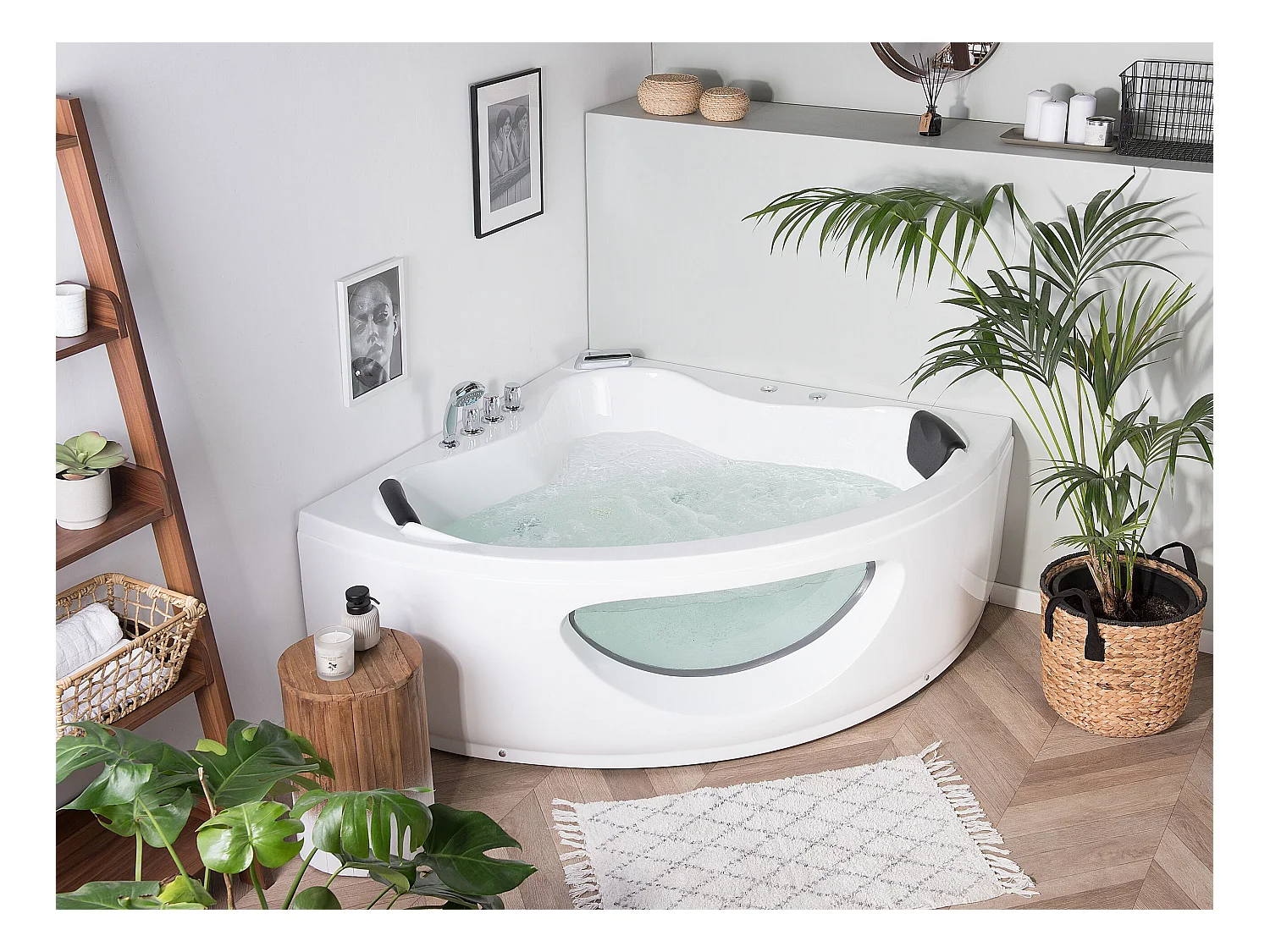 Baignoire d'angle à remous avec LED TOCOA 205 x 146 cm Blanc