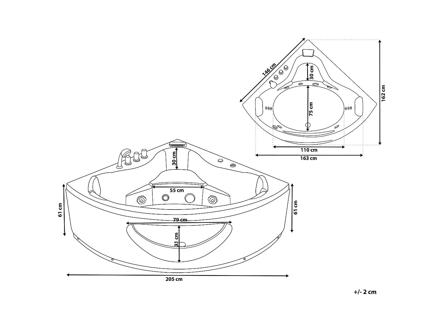 Baignoire d'angle à remous avec LED TOCOA 205 x 146 cm Blanc