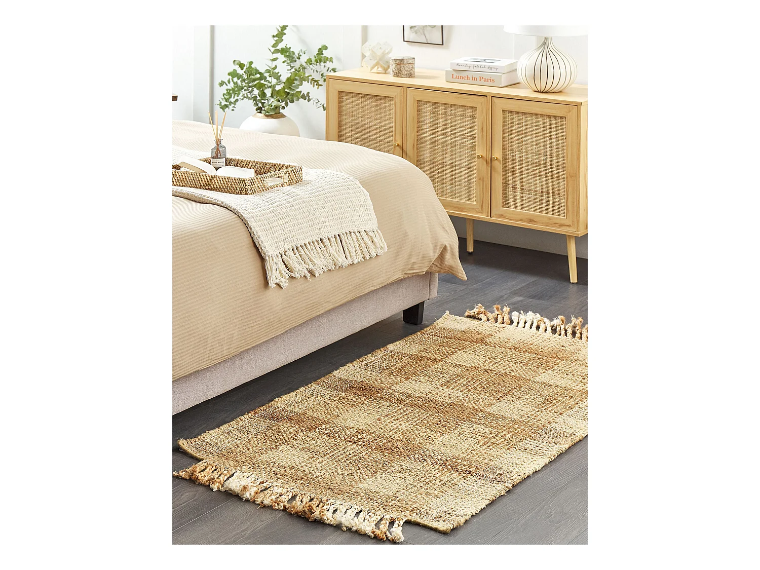 Teppich Jute natürlich beige 80 x 150 cm Fransen geometrisches Muster Berissa
