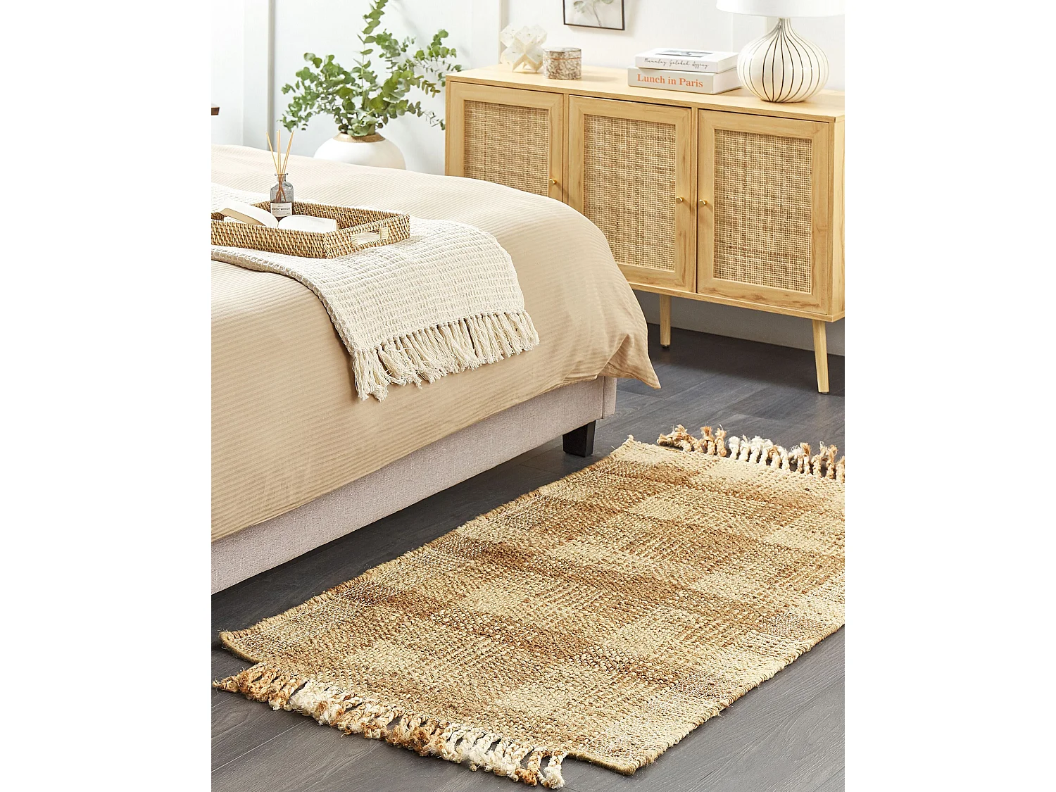 Teppich Jute natürlich beige 80 x 150 cm Fransen geometrisches Muster Berissa