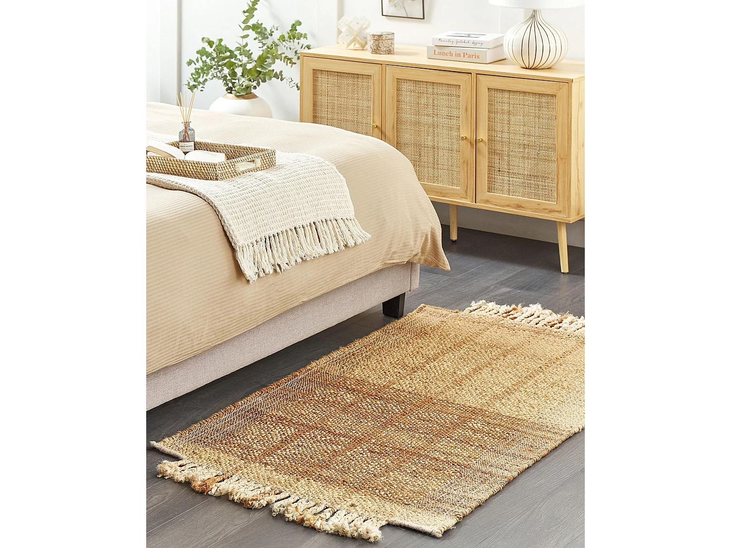 Teppich Jute beige / braun mit Fransen 80 x 150 cm hangewebt natürlich Karkin