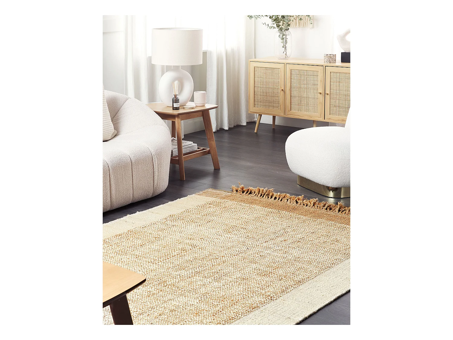 Teppich Jute natürlich beige 160 x 230 cm Fransen handgewebt Boho Dedemli