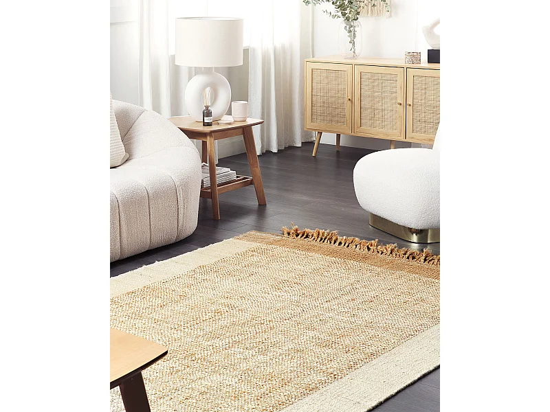 Teppich Jute natürlich beige 160 x 230 cm Fransen handgewebt Boho Dedemli