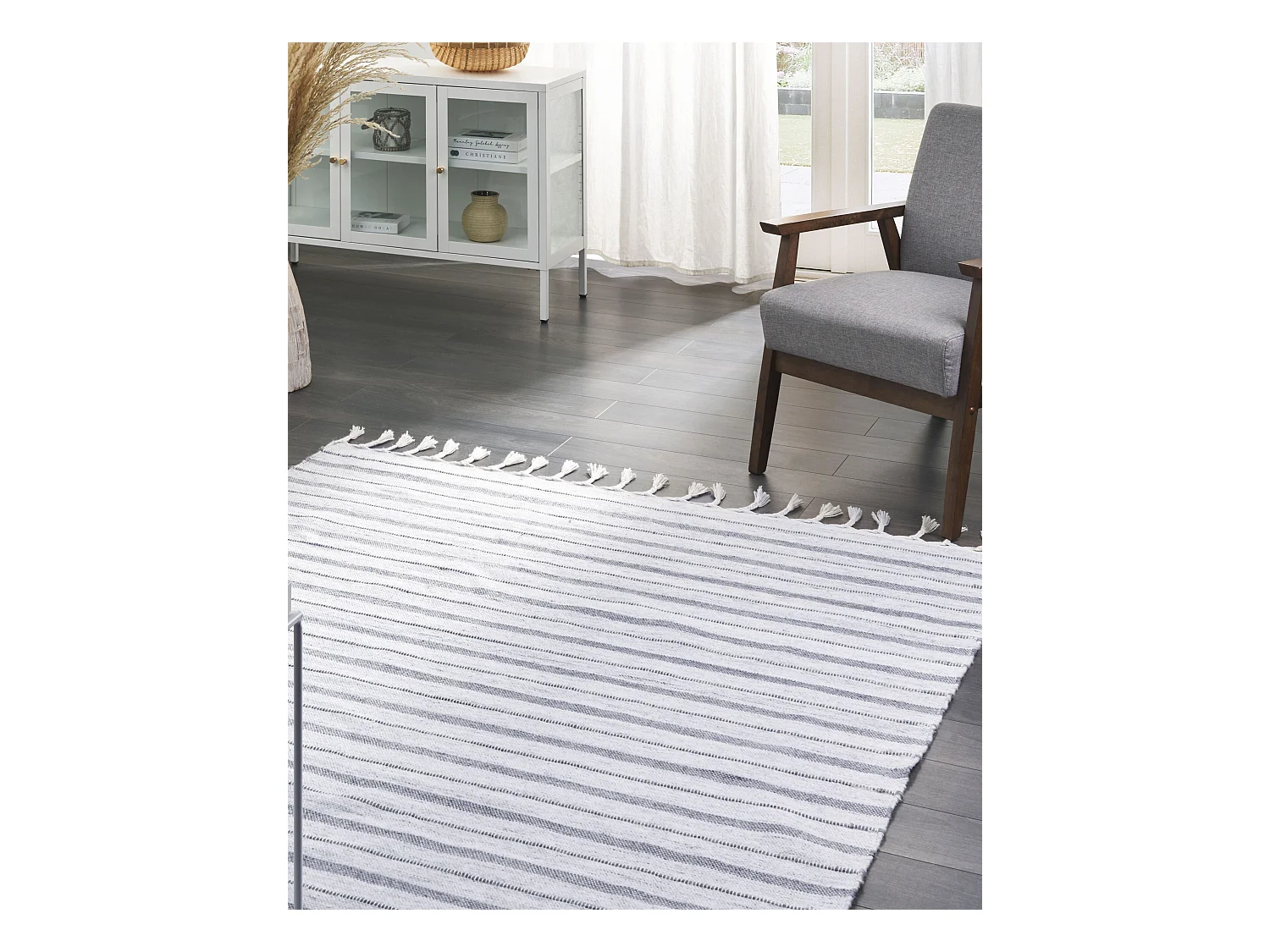 Outdoor Teppich cremeweiss / grau 160 x 230 cm Streifenmuster Kurzflor BADEMLI