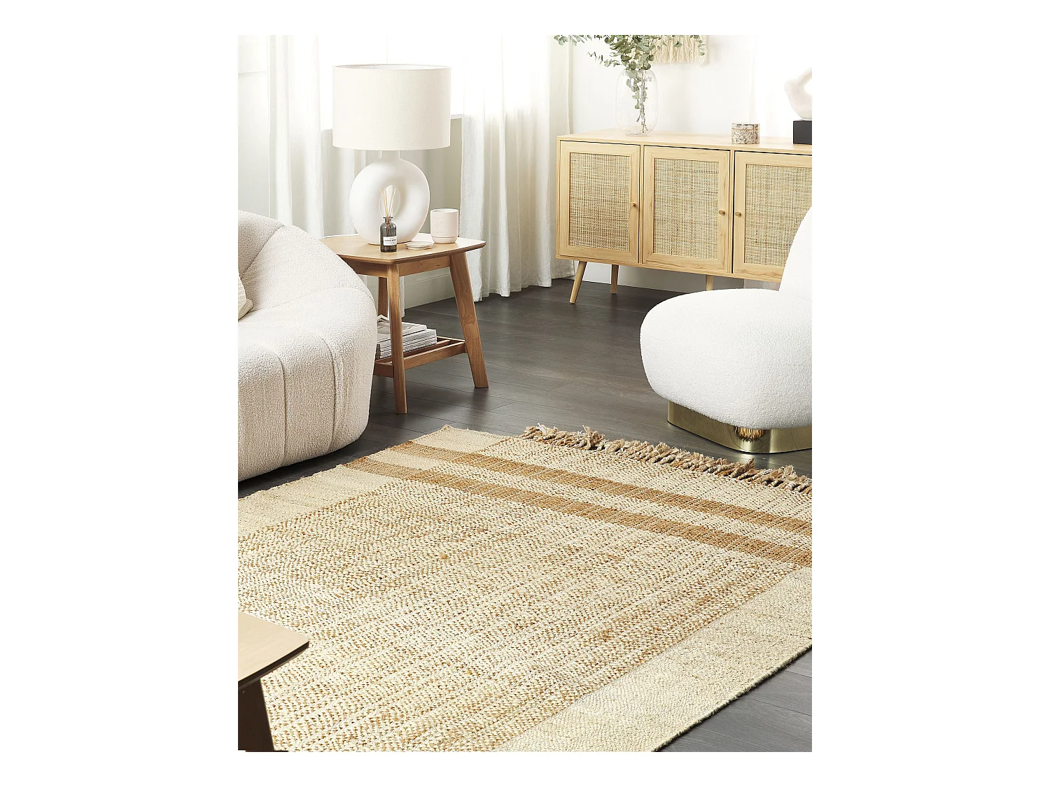 Teppich Jute natürlich beige 140 x 200 cm Fransen geometrisches Muster Oratoba